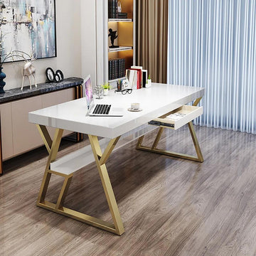 39" Rectangular White Computer Desk with Drawer and Shelf Gold Leg